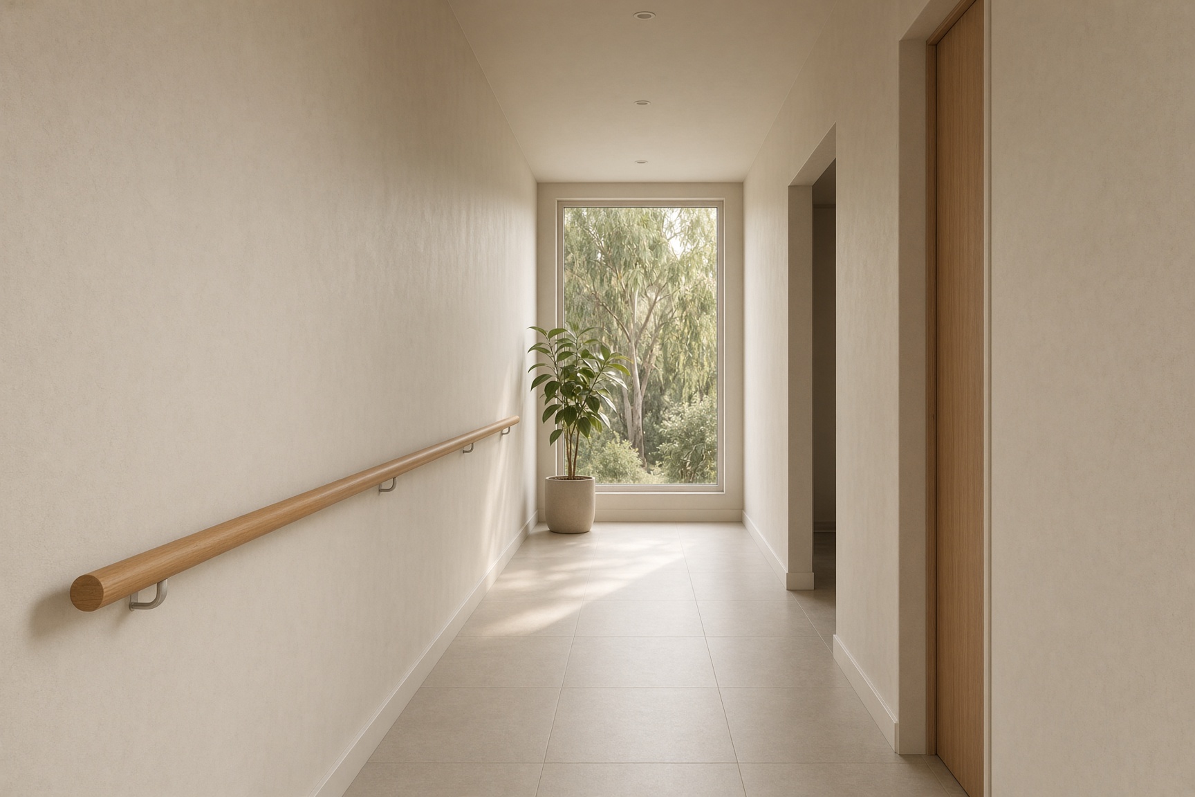 Quiet residential care corridor with garden light at the far window